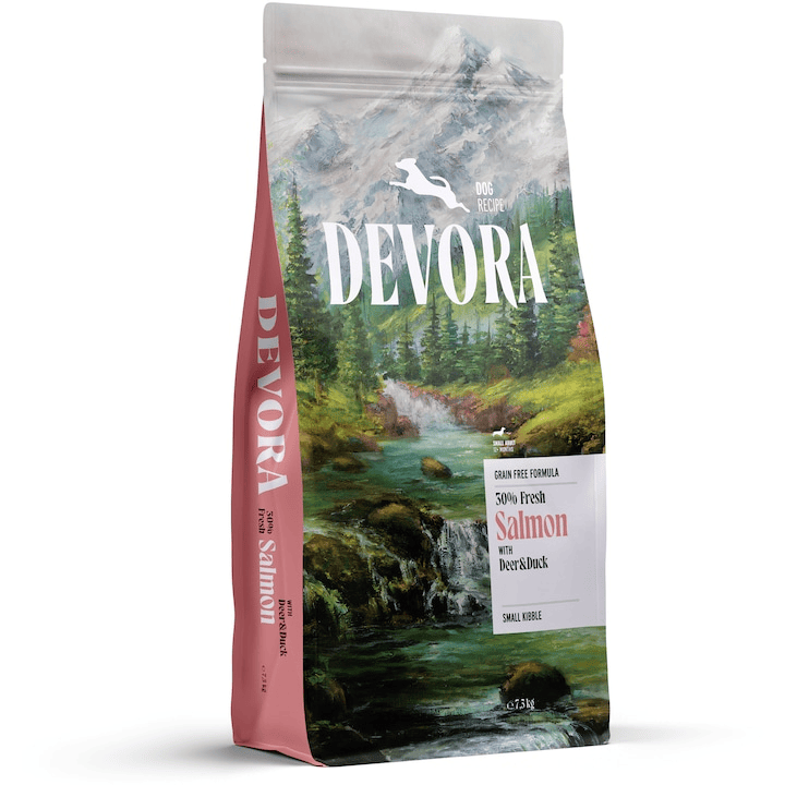 DEVORA Adult Small Breed Grain Free Multi-Protein cu Somon, Caprioara si Rata 7.5 kg | Hrana Uscata fara Cereale pentru Caini Adulti de Talie Mica