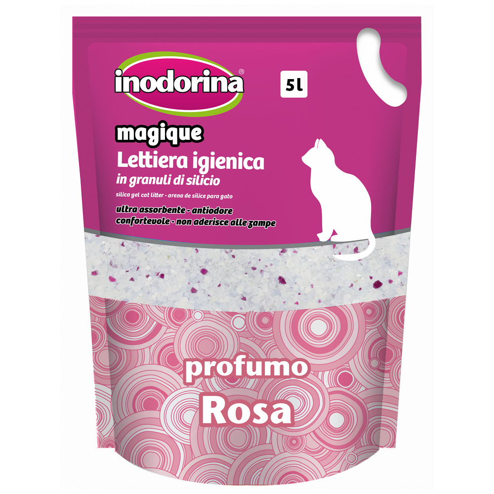 INODORINA Nisip Silicat Antibacterian Pentru Litiera Pisicilor, Miros Floral, 5L | 2.15kg