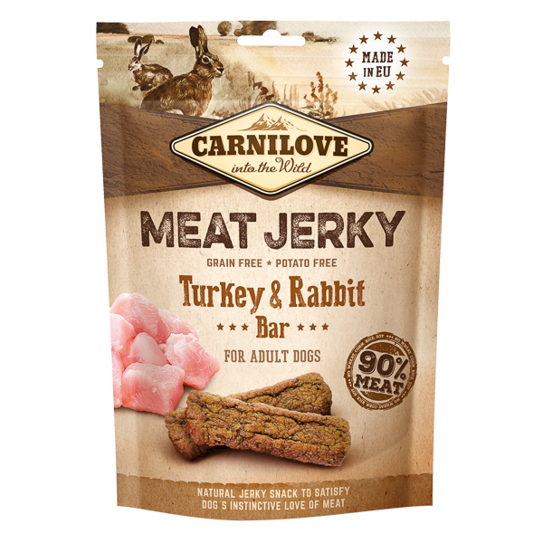 CARNILOVE Jerky Turkey & Rabbit Bar 100 g – Recompense Naturale Fara Cereale pentru Caini, cu Carne de Curcan si Iepure, Gust Premium