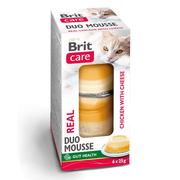 BRIT CARE Cat Duo Mousse Real cu Pui si Branza 6x25 g | Hrana Umeda Complementara pentru Pisici (pateu fin)