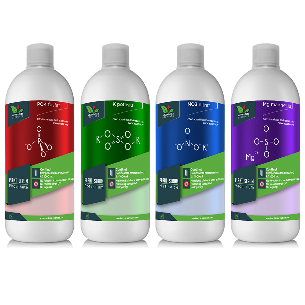 Fosfor, Magneziu, Nitrat și Potasiu PLANT SERUM – Pachet Macronutrienți pentru Fertilizarea Plantelor de Acvariu 4x1000ml