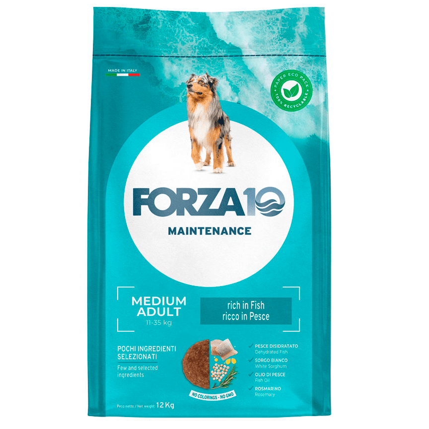 FORZA10 Maintenance Medium Adult cu Peste, Hrană Uscată Completă pentru Câini Adulti de Talie Medie, 12 kg