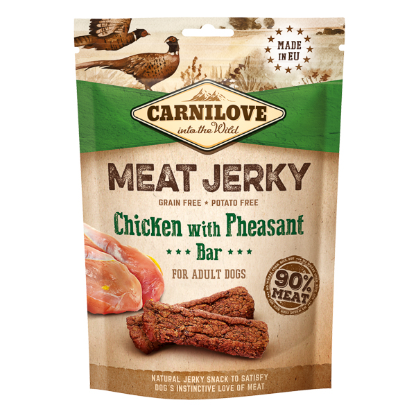 CARNILOVE Jerky Chicken with Pheasant Bar 100 g – Recompense Naturale Fara Cereale pentru Caini, cu Carne de Pui si Fazan, Gust Premium