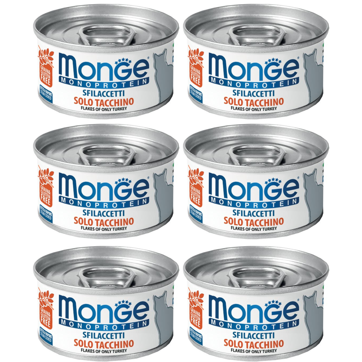 MONGE Monoprotein, Fasii Carne de Curcan, Set Conserve Hrana Umeda Monoproteica Pentru Pisici, 6x80g