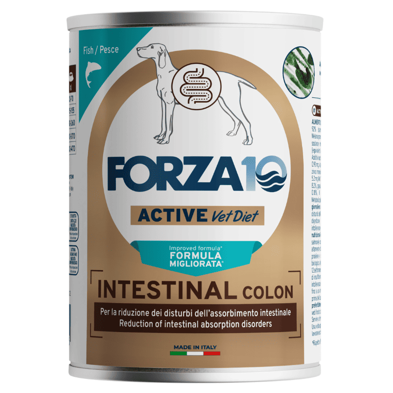 FORZA10 Active Vet Diet Intestinal Colon, Dietă Umedă Monoproteică cu Peste pentru Câini cu Colită sau Tulburări ale Pancreasului Exocrin, 390 g