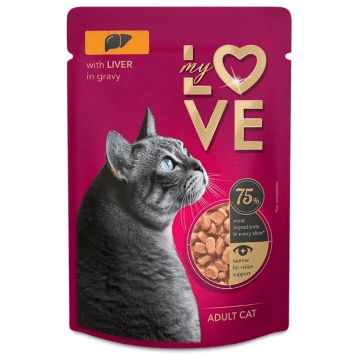 MY LOVE CAT Hrană Umedă pentru Pisici Adulte cu Ficat, 85 g | Bucătele în Sos