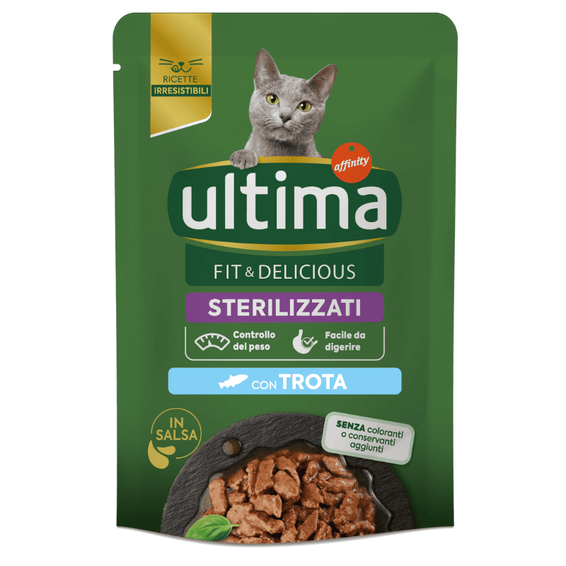 ULTIMA Cat Fit & Delicious Sterilized Păstrăv 85 g | Hrană Umedă pentru Pisici Sterilizate | Suport pentru Controlul Greutății si Piele Sanatoasa