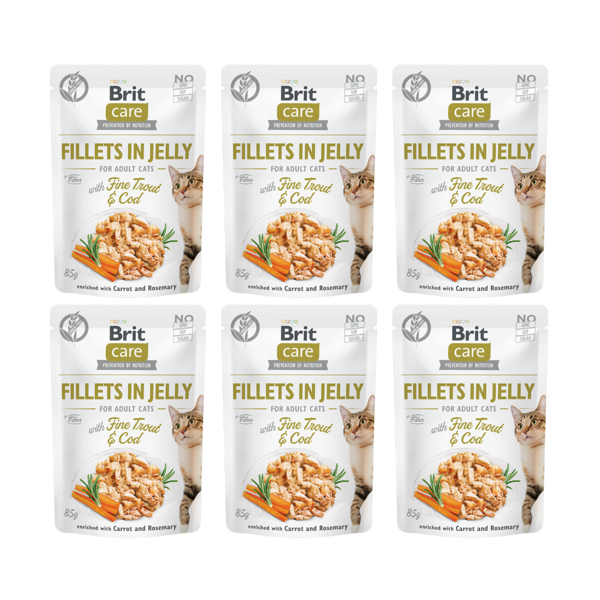 BRIT CARE Fillets in Jelly, cu Pastrav si Cod, Set Plicuri Hrana Umeda, Fara Cereale,  Pisici (file in sos) 6x85g