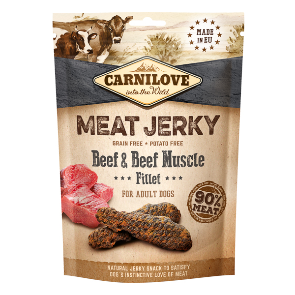 CARNILOVE Jerky Beef & Beef Muscle Fillet 100 g – Recompense Naturale Fara Cereale pentru Caini, cu Carne si Muschi de Vita, Bogate in Proteine