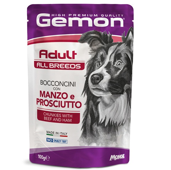 GEMON All Breeds Adult Dog cu Vita si Sunca – Plic Hrană Umedă pentru Câini Adulți, (bucăți în aspic), 100g