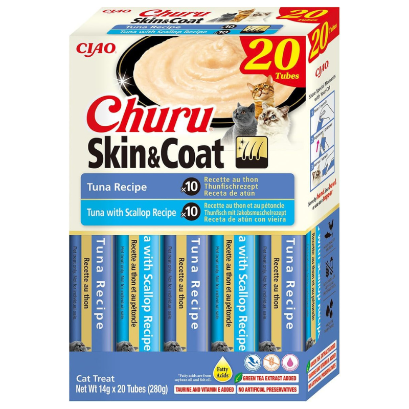 INABA Ciao Churu Skin & Coat Tuna Variety Box 20x14 g | Recompensa Functionala Cremoasa pentru Pisici | cu Ton si Ton cu Scoici | Formula pentru Piele Sanatoasa si Blana Stralucitoare