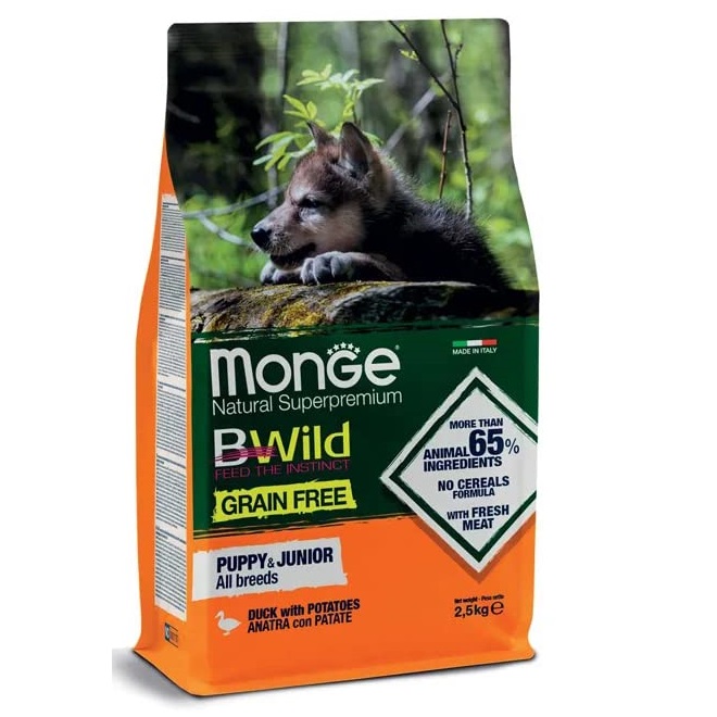MONGE BWild Grain Free Puppy & Junior All Breeds, cu Rata si Cartofi, Hrana Uscata Fara Cereale Pentru Caini Juniori, 2.5kg