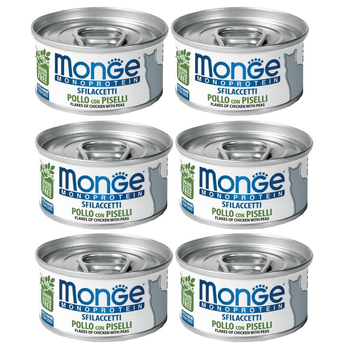 MONGE Monoprotein, Fasii Carne de Pui si Mazare, Set Conserve Hrana Umeda Monoproteica Pentru Pisici, 6x80g
