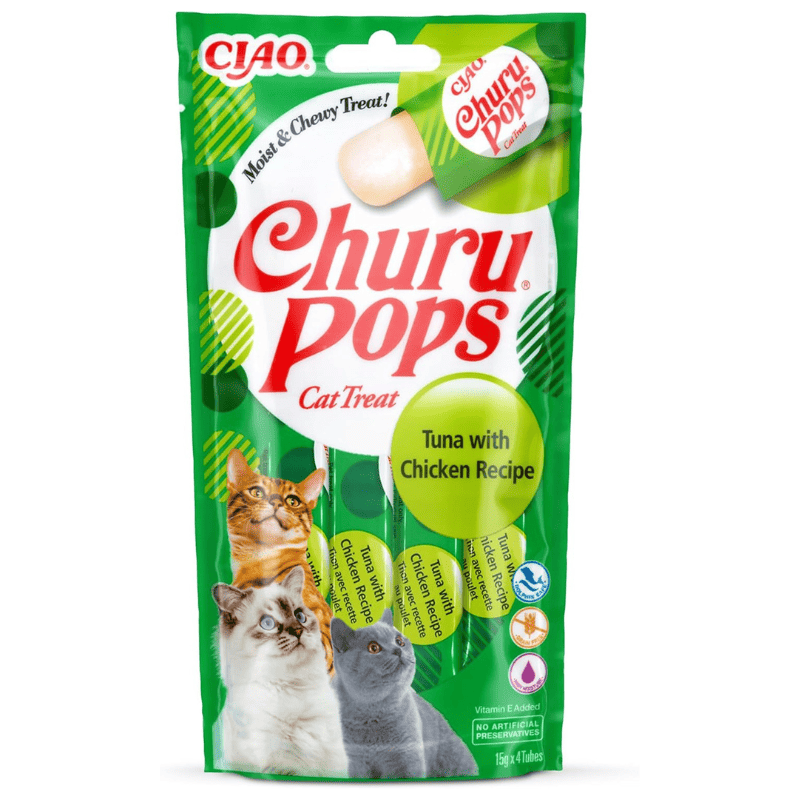 INABA Churu Pops Tuna & Chicken 4x15 g | Recompense Moi fara Cereale pentru Pisici | cu Ton si Pui | Sanatoase si Intens Hidratante