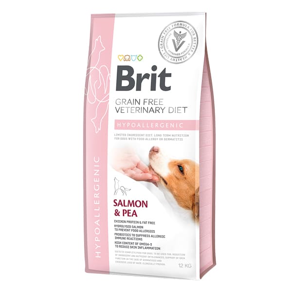BRIT VET DIETS Dog Grain Free Hypoallergenic cu Somon si Mazăre 12kg | Hrană Uscată Dietetică pentru Câini cu Alergii si Intolerante Alimentare