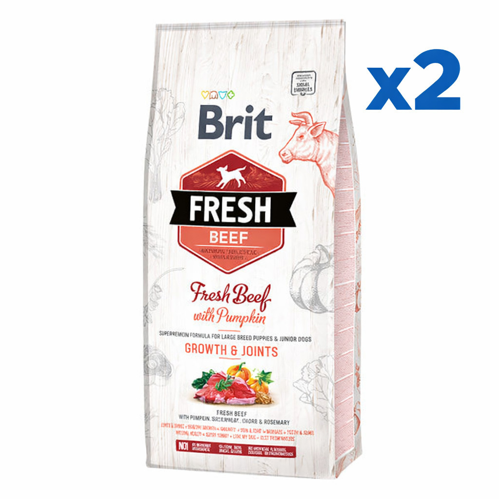 Pachet Economic x2 BRIT FRESH Beef Natural Holistic, Puppy Large, Vita si Dovleac, Hrana Uscata Caine Junior, Dezvoltare Sanatoasa 12kg