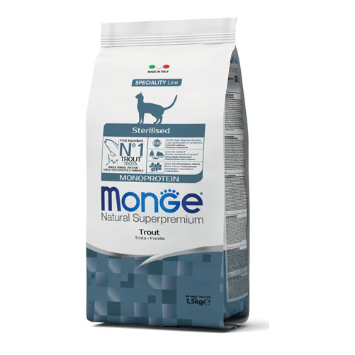 MONGE Natural Superpremium Cat Adult Sterelised, cu Pastrav, Hrana Uscata Monoproteica Pentru Pisici Adulte Sterliizate, 1.5lg