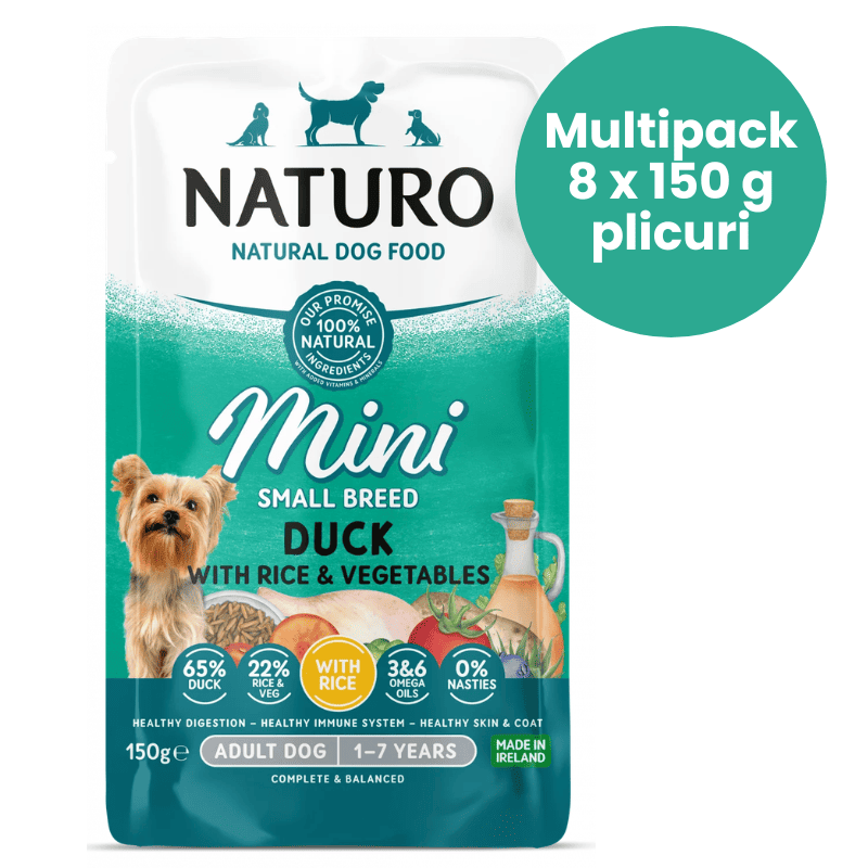 NATURO Adult Mini Dog cu Rata, Orez si Legume Multipack 8x150 g | Hrana Umeda Completa 100% Naturala pentru Caini Adulti de Talie Mica