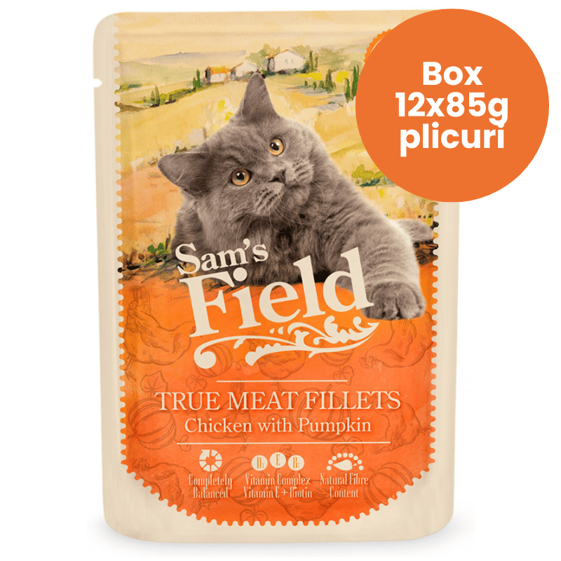 SAM'S FIELD Cat Pouch Chicken & Pumpkin Box 12x85 g | Hrana Umeda Superpremium pentru Pisici Adulte | Fileuri de Pui si Dovleac | Reteta Naturala pentru Digestie Sanatoasa si Vitalitate