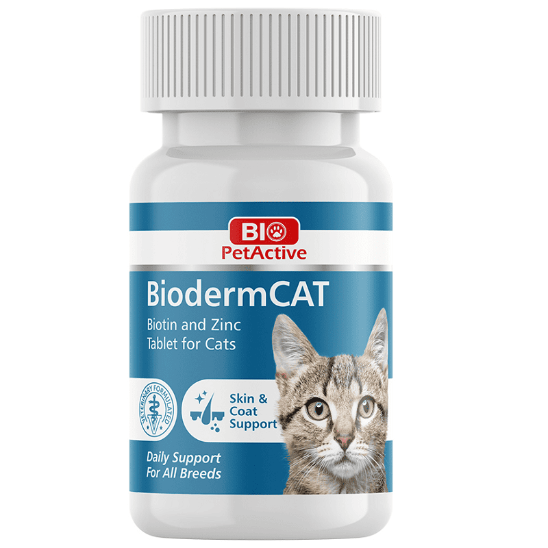 BIO PetActive BiodermCAT 100 Tablete | Supliment cu Zinc, Biotina si Omega-3 pentru Pisici | Suport pentru Piele Sanatoasa si Blana Lucioasa
