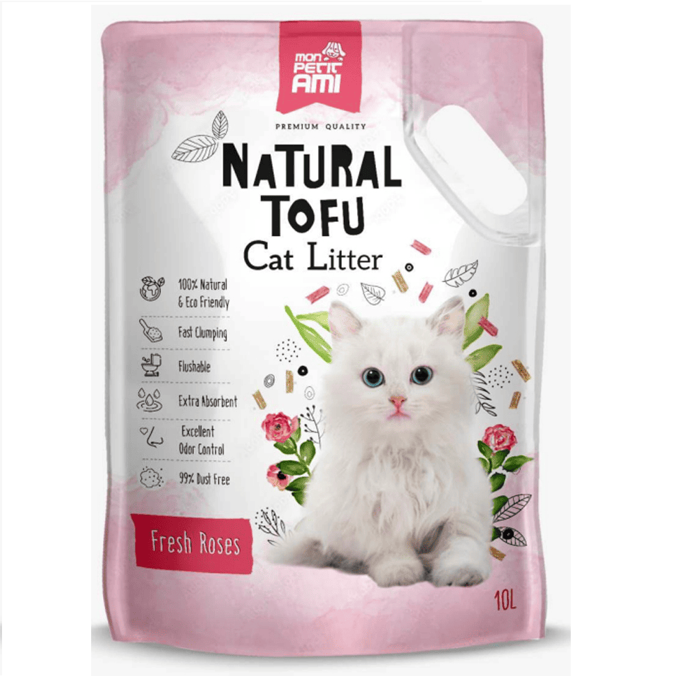 Mon Petit Ami Tofu Fresh Roses 10 L | Asternut Aglomerant 100% Natural din Fibre Organice Biodegradabile pentru Pisici | Absorbant, Fara Praf si cu Parfum de Trandafiri