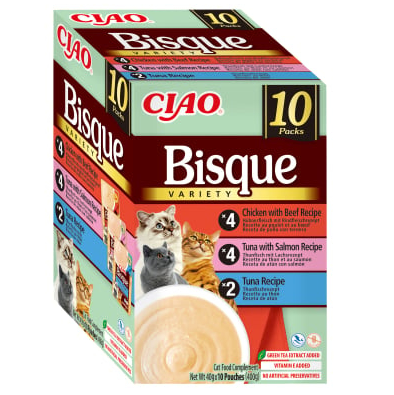 CIAO Churu Bisque Variety cu Ton, Pui cu Vita si Ton cu Somon 10x40 g | Hrana Umeda Complementara pentru Pisici | Fara Cereale, Sanatoasa, Cremoasa si Delicioasa