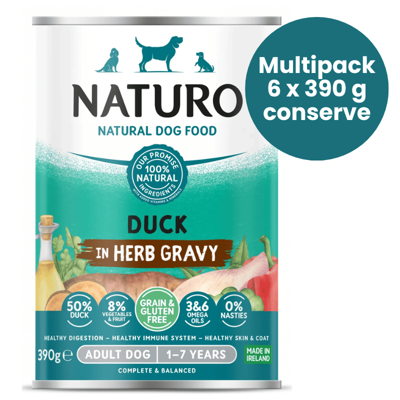 NATURO Adult Dog Grain & Gluten Free cu Rata in Sos cu Ierburi Multipack 6x390 g | Hrana Umeda Completa fara Cereale 100% Naturala pentru Caini Adulti