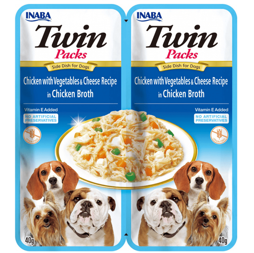 CHURU Twin Packs Chicken with Vegetables & Cheese Recipe in Chicken Broth 2x40 g | Hrana umeda complementara pentru caini cu pui, legume si branza, in supa de pui