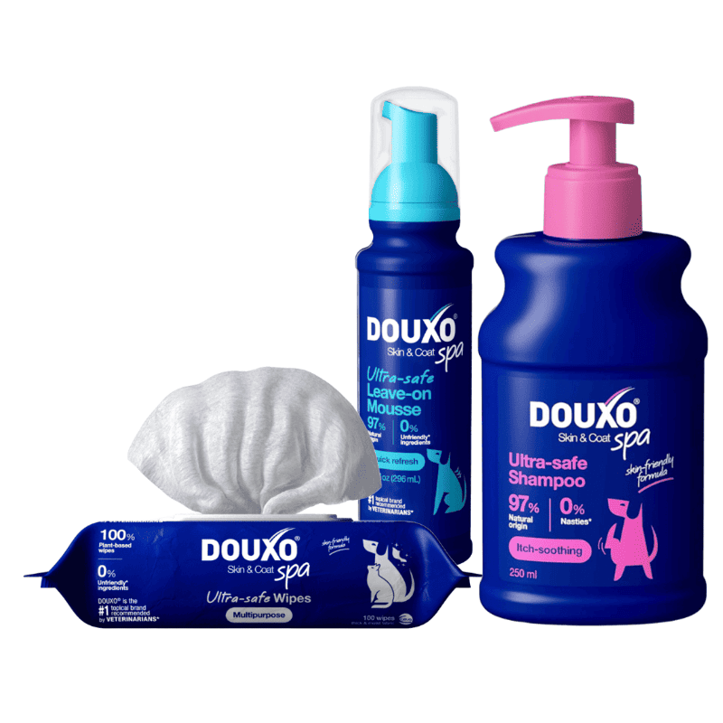 DOUXO SPA Rutina pentru Caini cu Piele Sensibila | Calmarea Iritatiilor, Hidratare si Confort Cutanat | Sampon Calmant + Spuma Refresh + Servetele  Multifunctionale