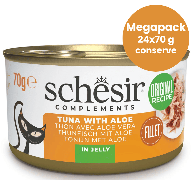 SCHESIR Cat Ton cu Aloe in Aspic, Megapack 24x70 g | Hrana Umeda Complementara pentru Pisici Adulte