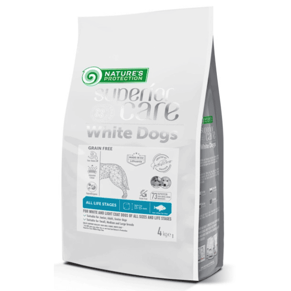 NATURE'S PROTECTION Superior Care White Dogs Grain Free All Life Stages cu Peste Alb 4 kg | Hrana Uscata fara Cereale pentru Caini cu Blana Alba 