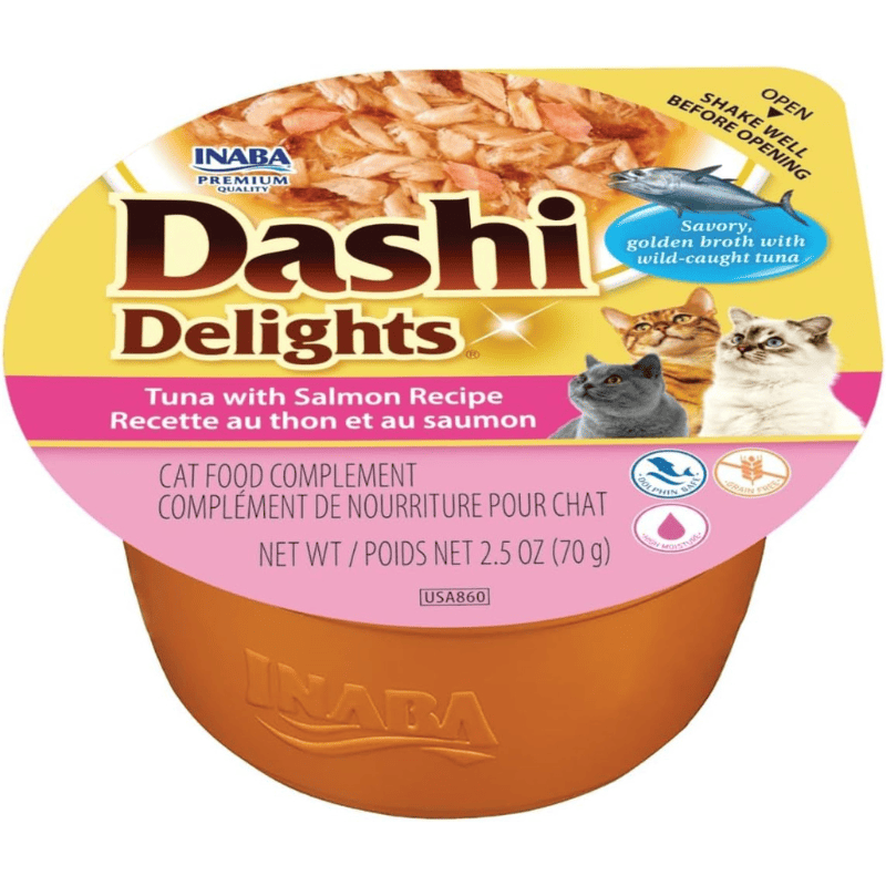 CIAO Dashi Delights Ton si Somon 70 g | Hrana Umeda Complementara pentru Pisici | Bucatele de Peste in Supa Dashi, Delicioasa si Hidratanta, Fara Cereale