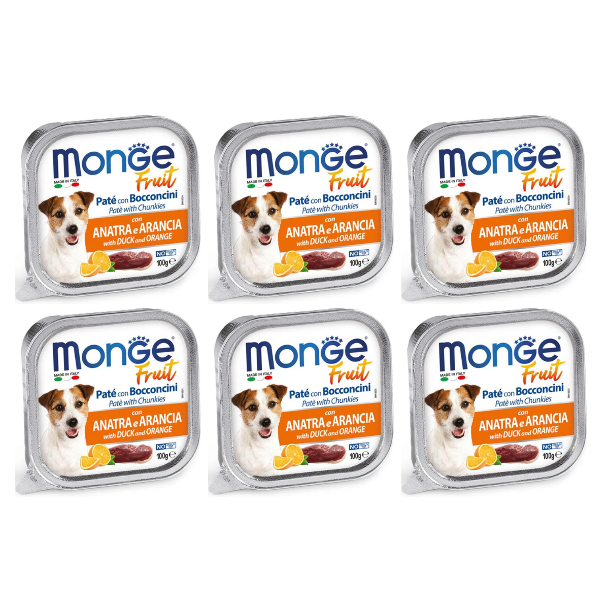 MONGE Dog Fruit, cu Rata si Portocale, Set Conserve Hrana Umeda Fara Cereale Pentru Caini 6x100g