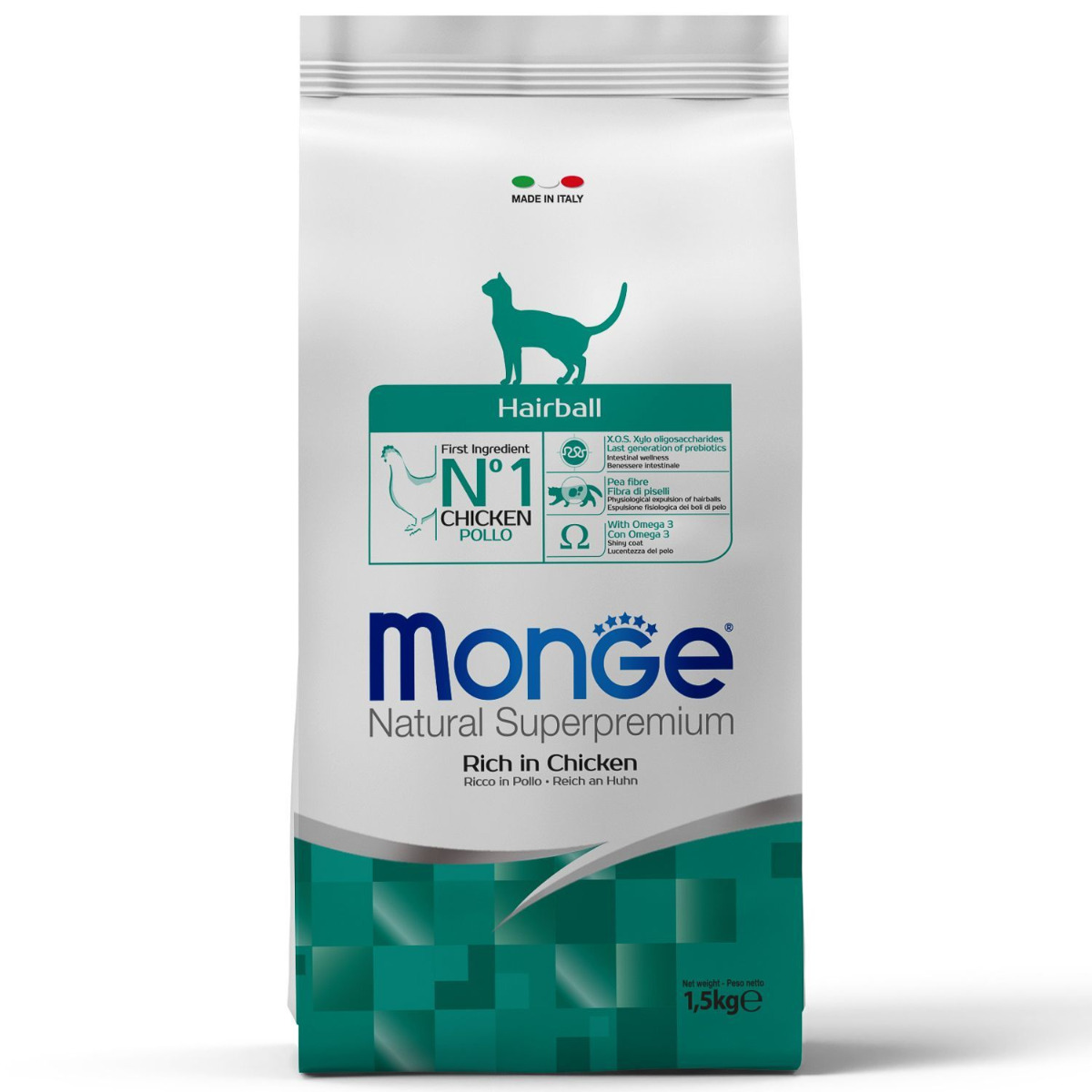 MONGE Natural Superpremium Cat Adult Hairball, cu Pui, Hrana Uscata Pentru Pisici Adulte, Limitarea Ghemelor de Par, 1.5kg
