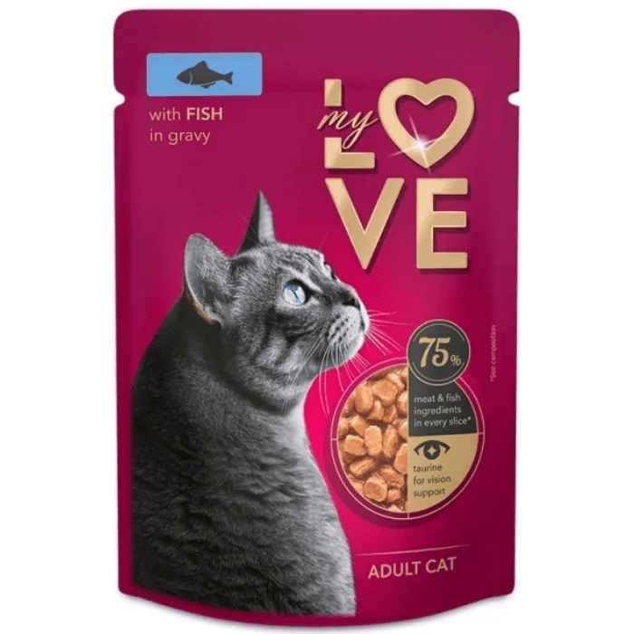 MY LOVE CAT Hrană Umedă pentru Pisici Adulte cu Peste, 85 g | Bucățele în Sos