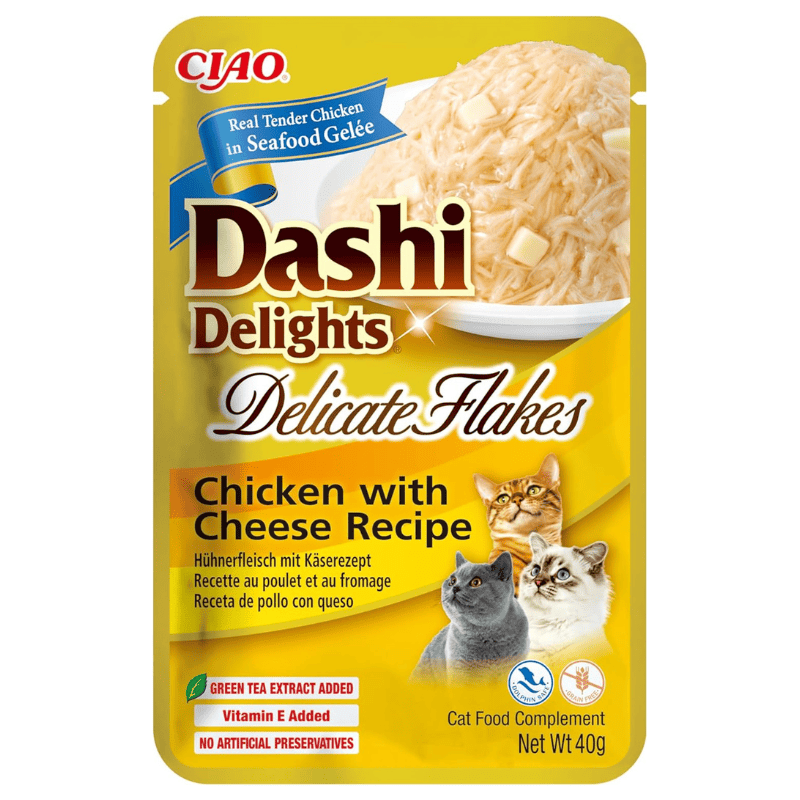 CIAO Dashi Delights Delicate Flakes Pui cu Branza 40 g | Hrana Umeda Complementara pentru Pisici | Bucatele Fine, Nutritive, Sanatoase, Delicioase si Fara Cereale