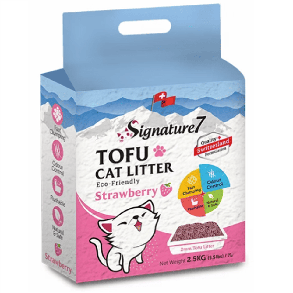 SIGNATURE7 Tofu Strawberry 7 L | Asternut Igienic 100% Natural din Tofu pentru Pisici | Aglomerant, Fara Praf, Biodegradabil si cu Aroma de Capsuni