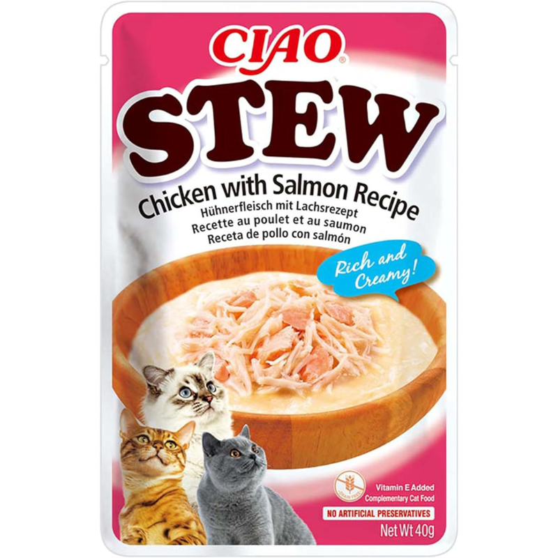 CIAO CHURU Stew Fasii de Pui in Supa Cremoasa cu Somon 40 g | Hrana Umeda Complementara pentru Pisici | Delicioasa si Sanatoasa, Fara Cereale, Topping Palatabil