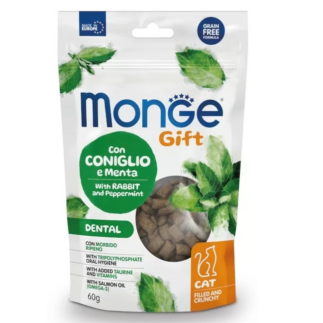 MONGE Gift Cat Dental Sticks, cu Iepure si Menta, Recompense Pisici Pentru Igiena Orala, 60g