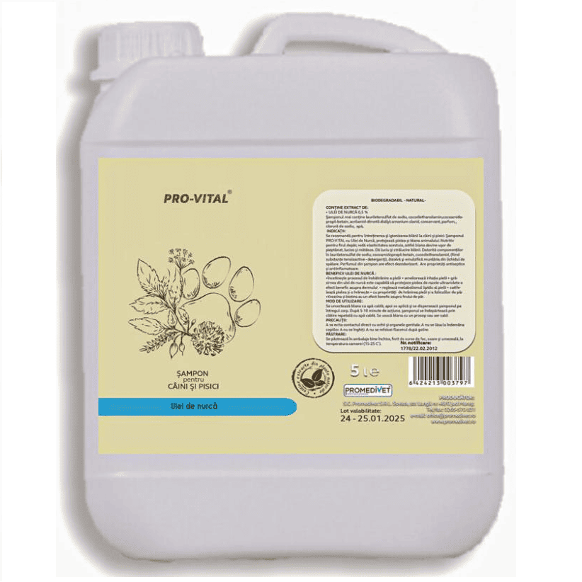 PROMEDIVET Pro Vital Șampon Profesional cu Ulei de Nurcă, 5 L - Pentru Blană Moale, Strălucitoare și Ușor de Pieptănat