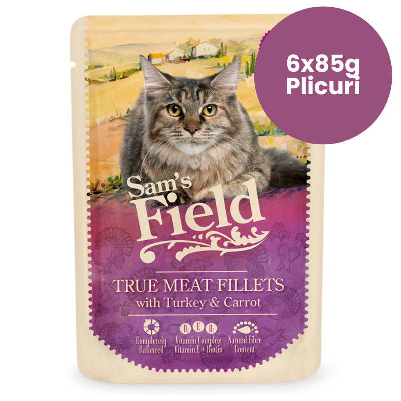 SAM'S FIELD Cat Pouch Turkey & Carrot Multipack 6x85 g | Hrana Umeda Superpremium pentru Pisici Adulte | Fileuri de Curcan si Morcov | Reteta Naturala Bogata in Proteine si Fibre