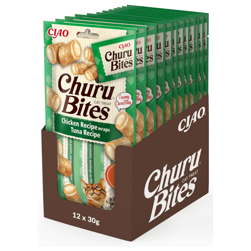 INABA Churu Bites Tuna Recipe Box 12x(3x10 g) | Recompense fara Cereale pentru Pisici | Pui si Ton | Textura Moale si Interior Cremos