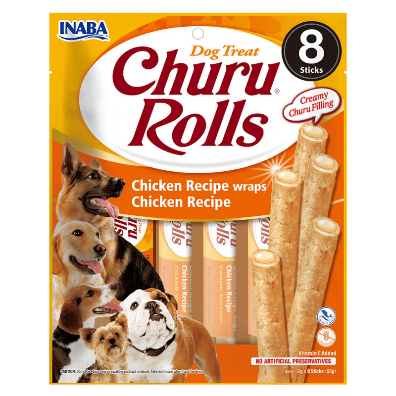 CHURU Rolls Chicken Recipe 8x12 g | Recompense pentru caini, Reteta cu Pui, Textura Moale si Umplutura Cremoasa