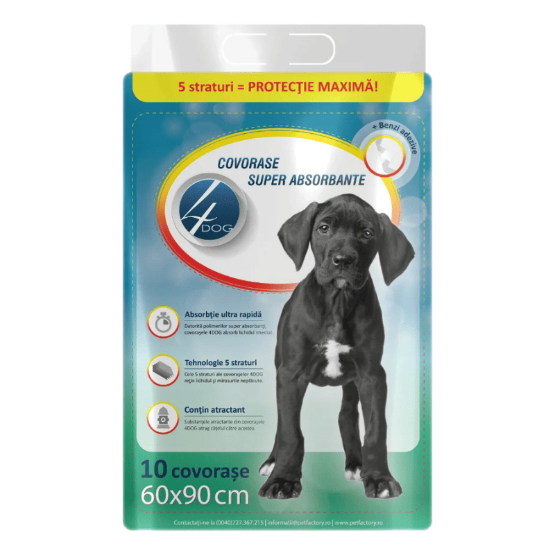4DOG Covorase Igienice pentru Caini 60x90 cm, 10 Buc | Superabsorbante cu Benzi Adezive | Pentru Dresaj si Protectia Podelei