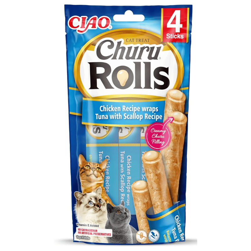 INABA Ciao Churu Rolls Chicken, Tuna & Scallop 4x10 g | Recompense fara Cereale pentru Pisici | Pui, Ton si Scoici | Betisoare cu Textura Moale si Umplutura Cremoasa