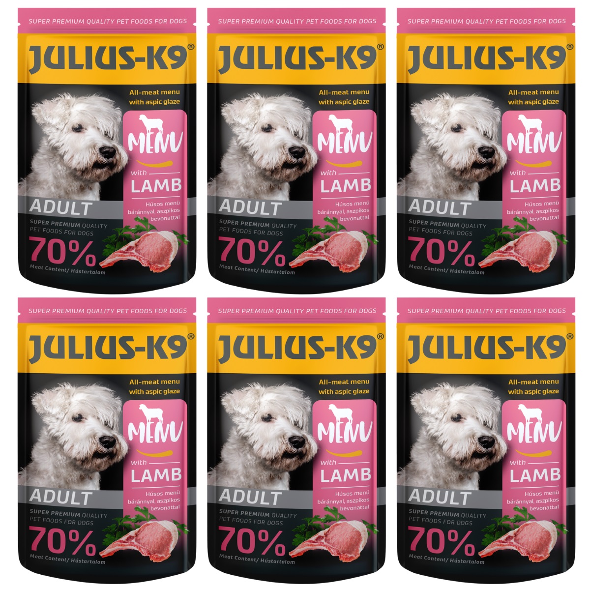 JULIUS K9 DOG, Set Plicuri Hrana Umeda Pentru Caini, Pate cu Miel in Aspic, 6x125g