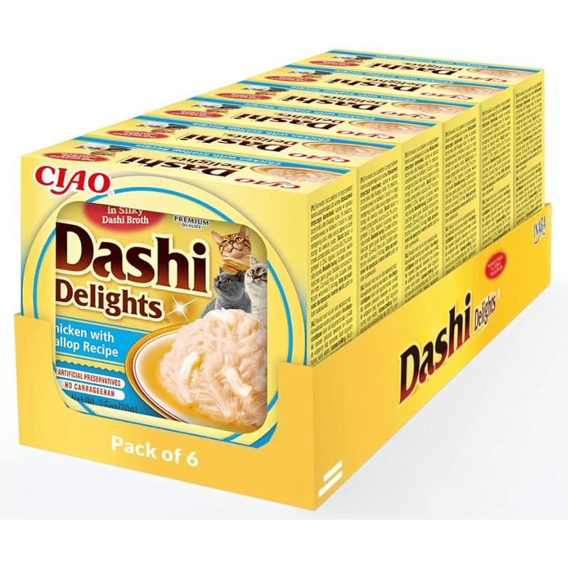 CIAO Dashi Delights Pui si Scoici Multipack 6x70 g | Hrana Umeda Complementara pentru Pisici | Bucatele de Carne in Supa Dashi, Delicioasa si Sanatoasa, Fara Cereale