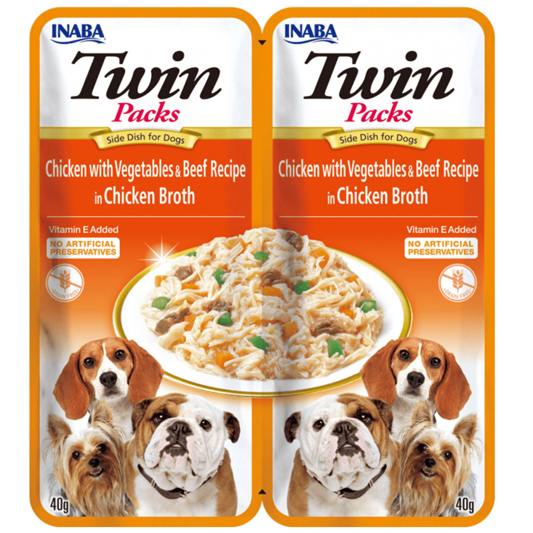 CHURU Twin Packs Chicken with Vegetables & Beef Recipe in Chicken Broth 2x40 g | Hrana Umeda Complementara pentru Caini cu Pui, Vita si Legume, in Supa de Pui