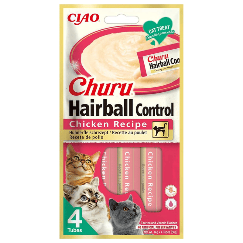 INABA Ciao Churu Hairball Control Chicken Recipe 4x14 g | Recompensa Functionala Cremoasa pentru Pisici | cu Pui | Formula pentru Reducerea si Eliminarea Ghemelor de Blana