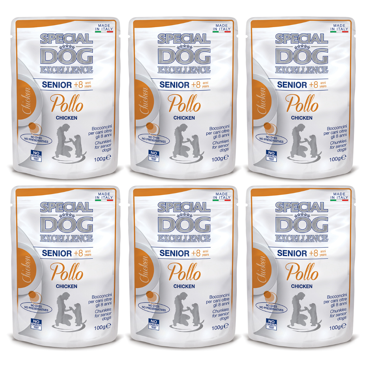 MONGE Special Dog Excellence Senior +8, cu Pui, Set Plicuri Hrana Umeda Pentru Caini Seniori, 6x100g